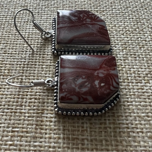New Red Network Jasper Stone Silver Hook Earrings - Picture 2 of 4